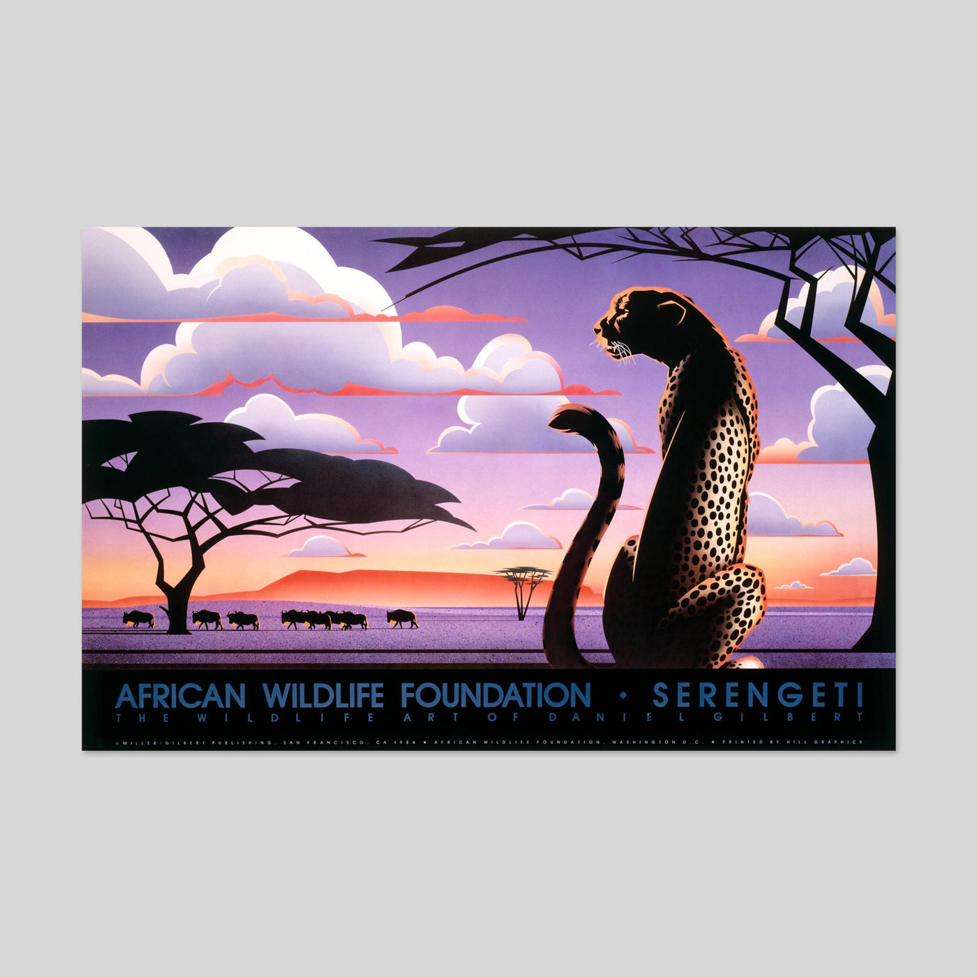 Limited Edition Serengeti Cheetah Poster by Dan Gilbert - African Wildlife Foundation - Cheetah and Baobab Tree