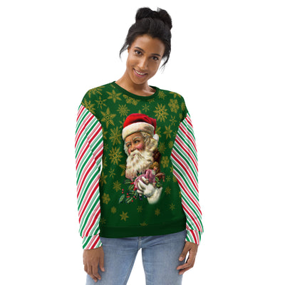 Retro Santa on Green & Candy Cane Sweatshirt