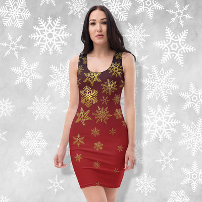 Snowflakes Red - Women's Form Fitted Dress